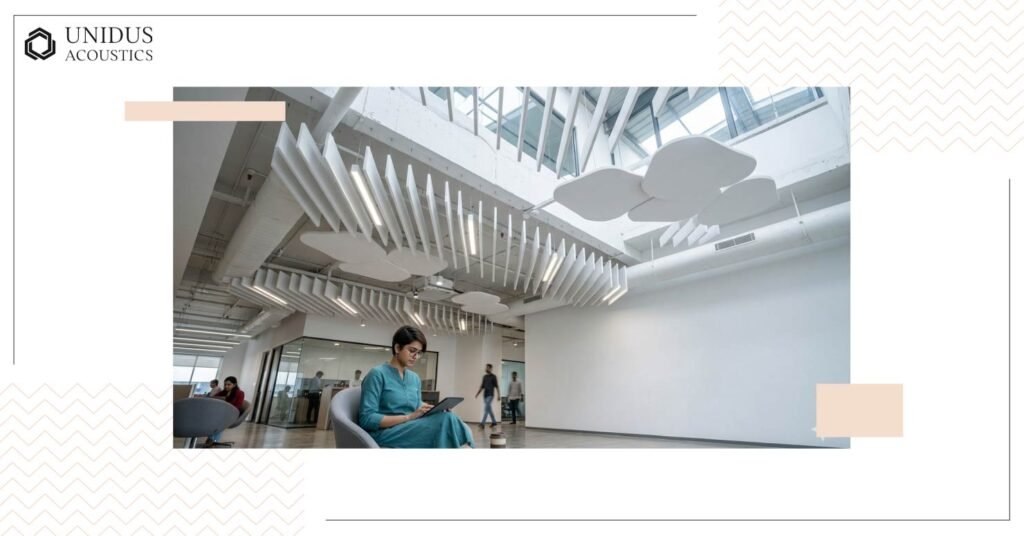 Ceiling treatment as a complement to white acoustic panels