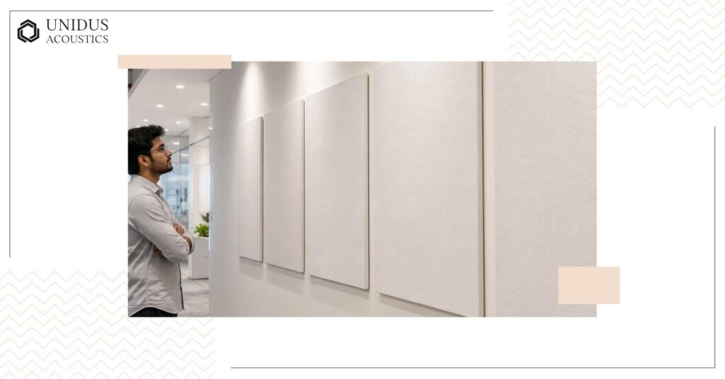 Flush-mounted fabric-wrapped panels white acoustic panels